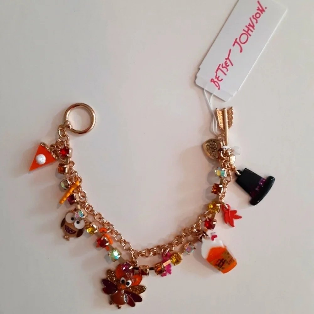 Betsey Johnson Fall Charm Bracelet Turkey Pumpkin Pie New